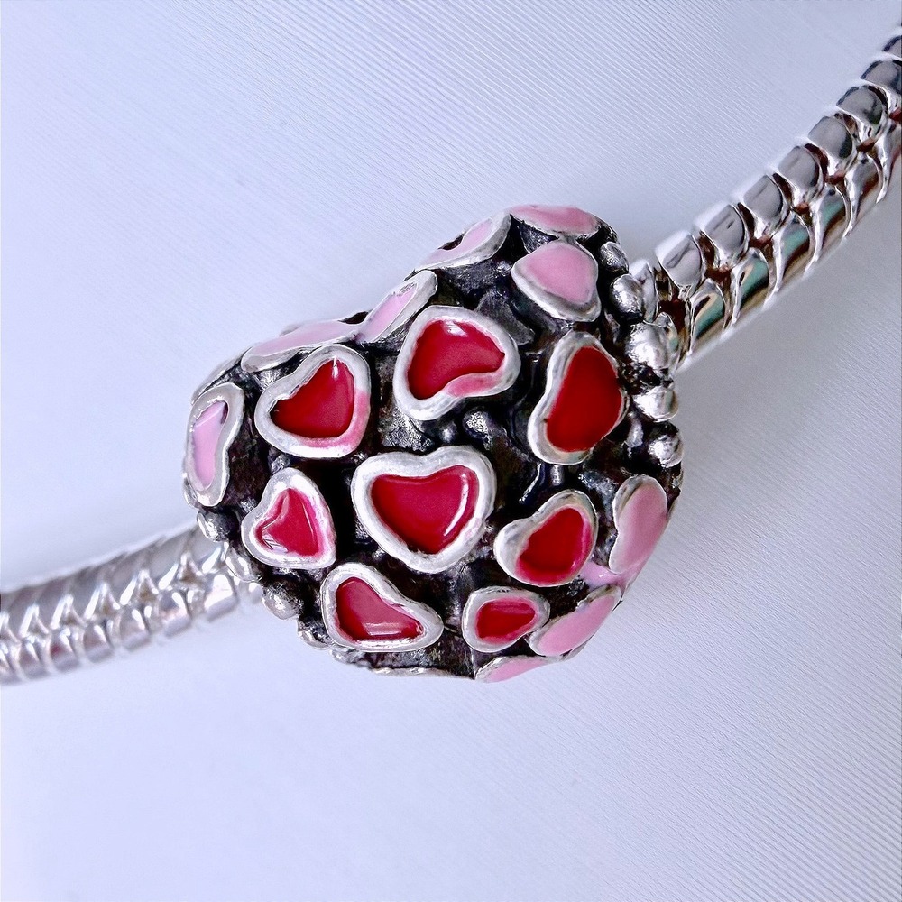 Silver Bead Charm Fits Snake Chain Bracelet Pink Red Hearts Enamel Jewelry